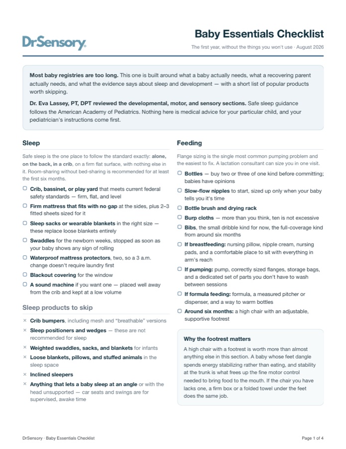 The first page of the Baby Essentials Checklist, listing sleep and feeding items.