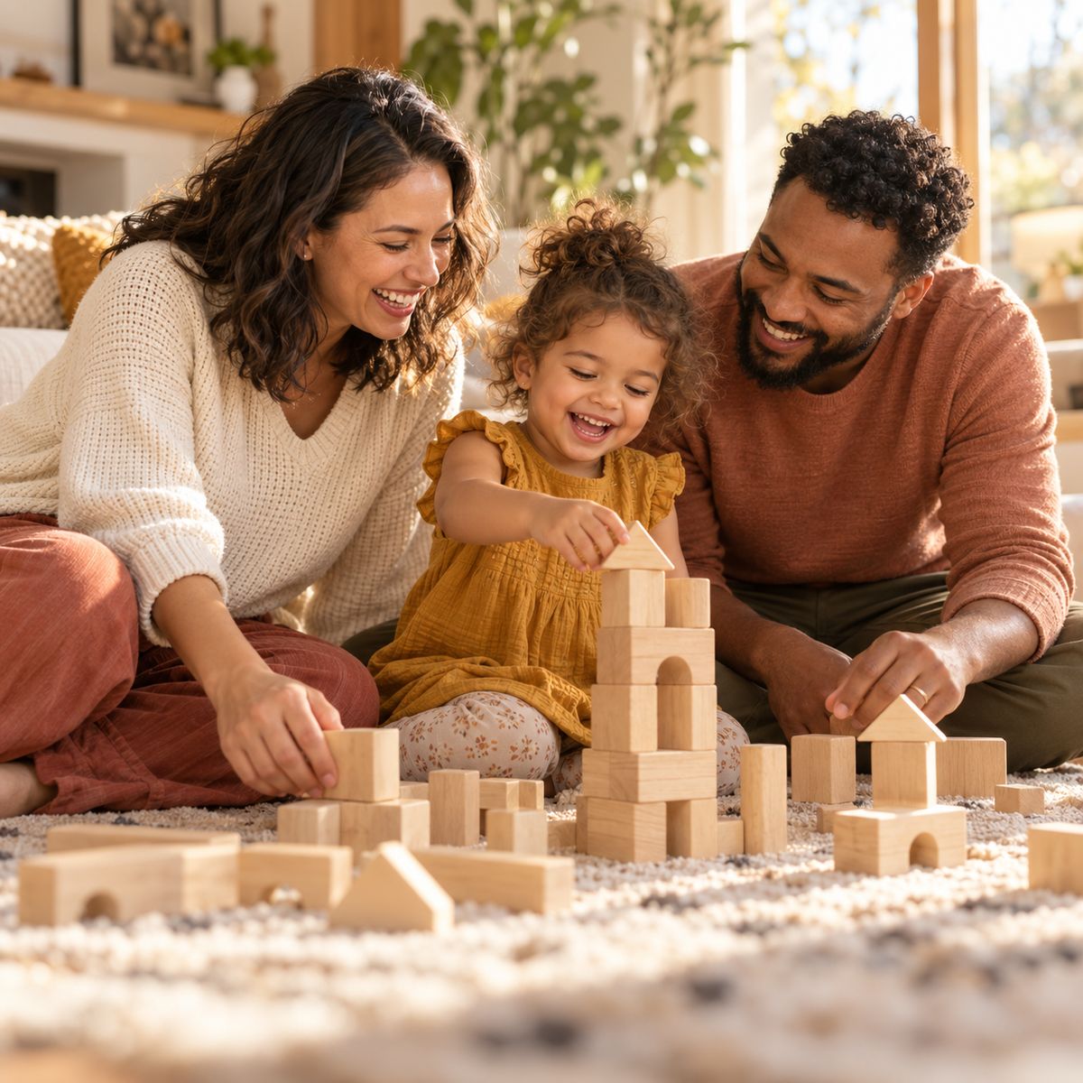 Two parents and their toddler laughing as they build a tower of wooden blocks on a living room rug