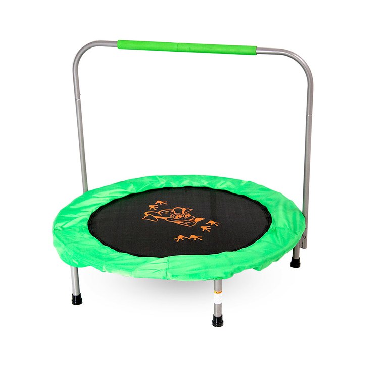 Skywalker 36-inch round mini trampoline with a green padded handlebar