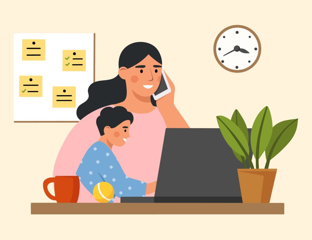 Young,Woman,Working,At,Home,With,Her,Cute,Baby.,Concept