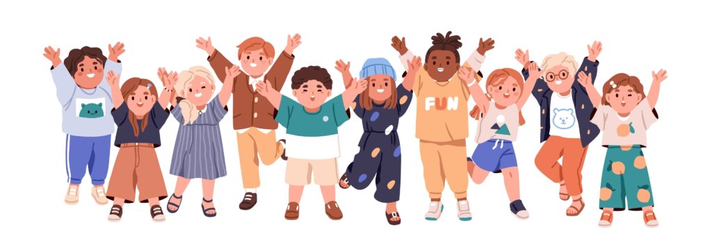 Happy,Children,Group.,Cute,Diverse,Cheerful,Kids,Celebrating,With,Hands
