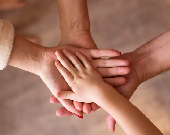 A baby's hand resting on an adult's open palm