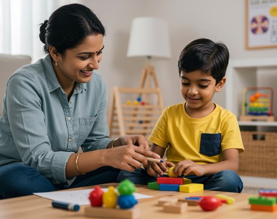 A mother sitting on the floor with her son, building with coloured blocks