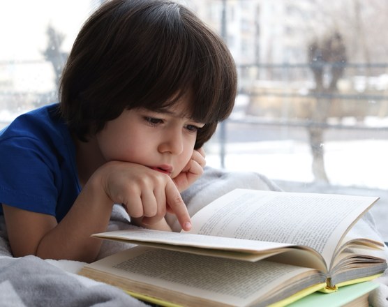 A boy frowning in concentration over an open book