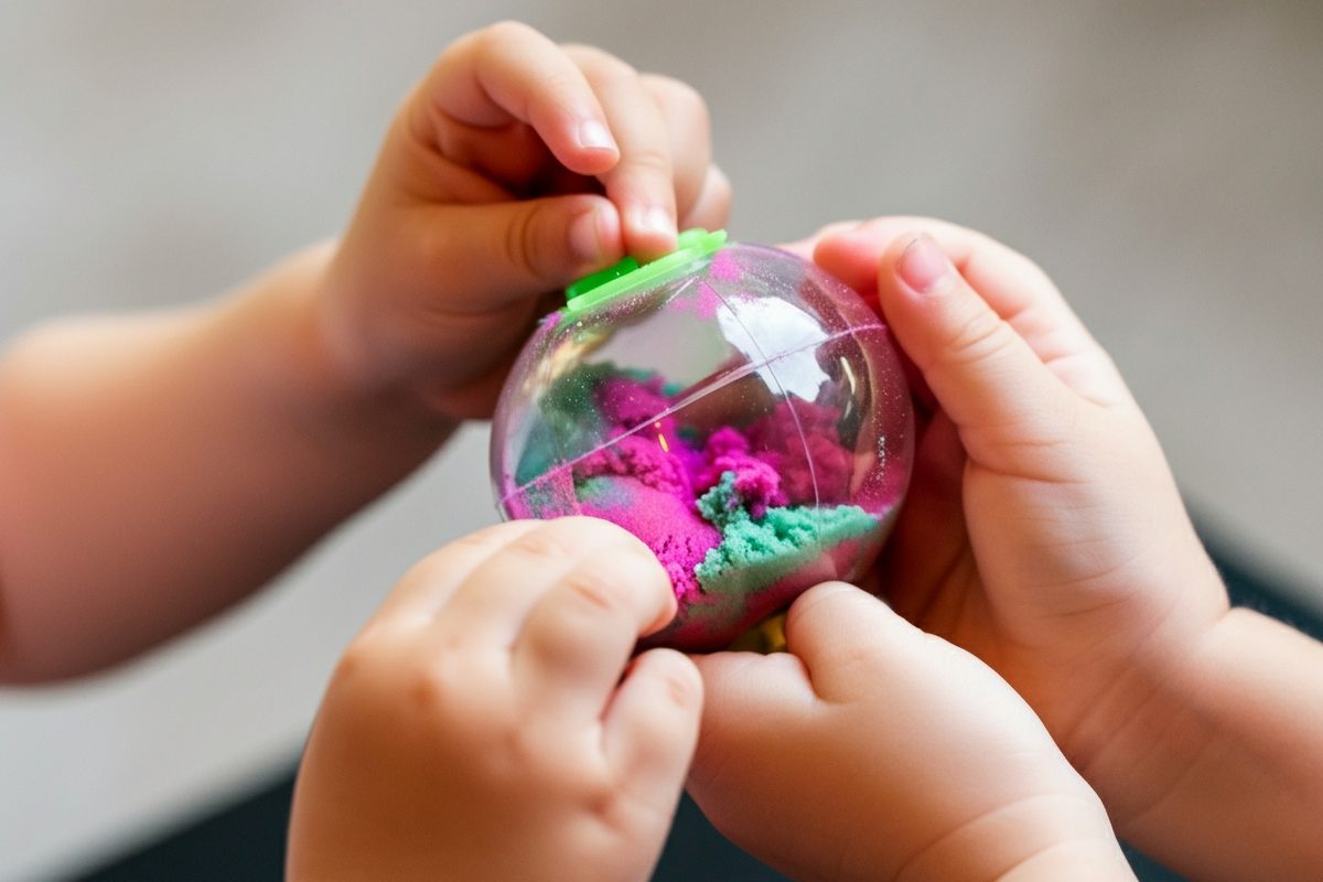 Small hands holding a clear ball filled with pink and green sand