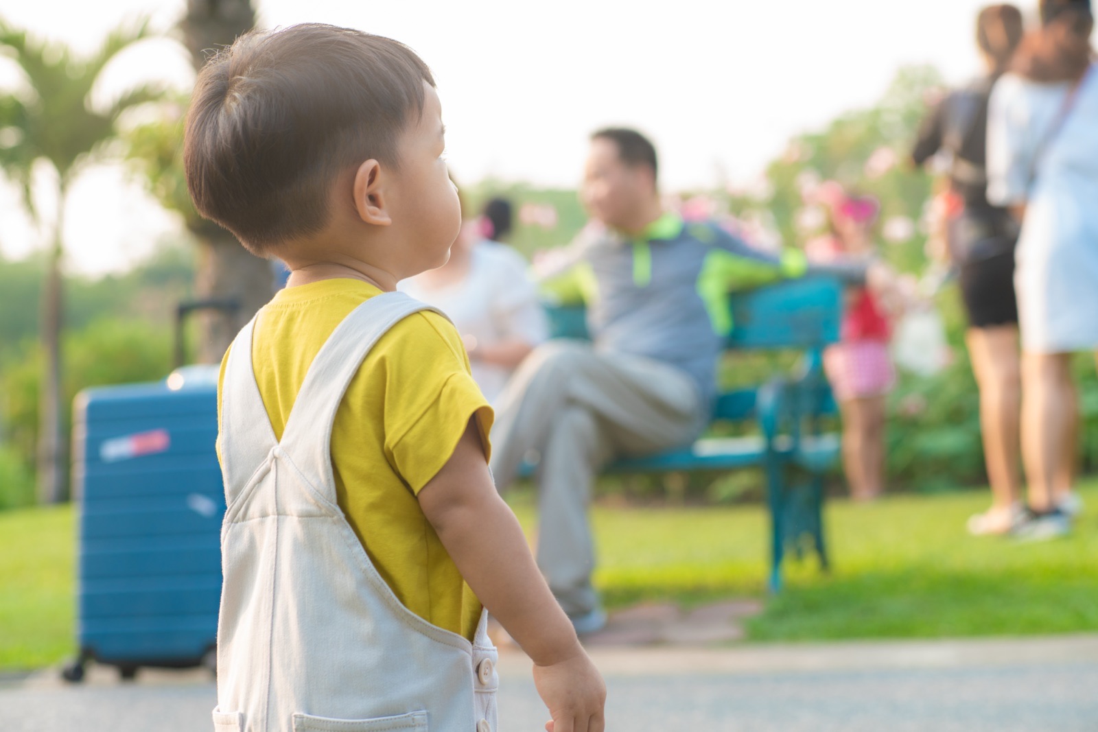 A young child in dungarees standing apart, watching a busy park with people on benches blurred behind them