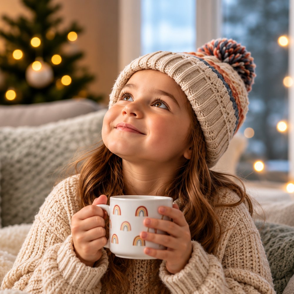 A girl in a knitted winter hat smiling with a mug of cocoa by the holiday lights