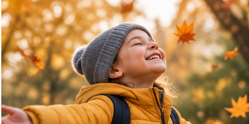 A child in a knitted hat and yellow coat catching autumn leaves