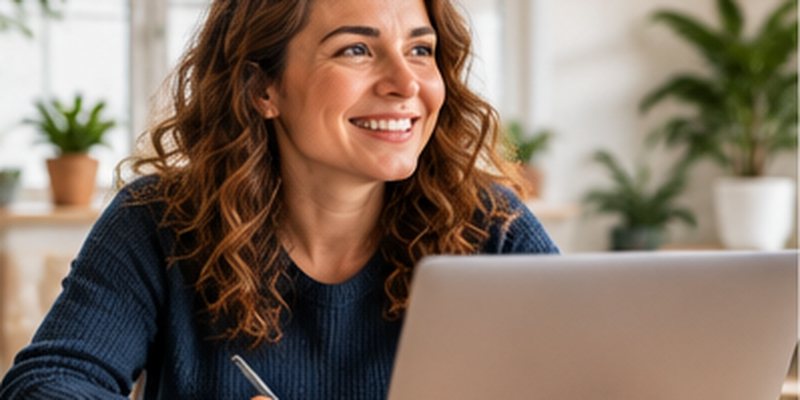 A professional smiling at a laptop with a notebook