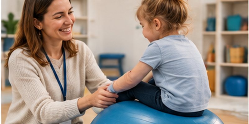 A therapist steadying a young girl sitting on a therapy ball